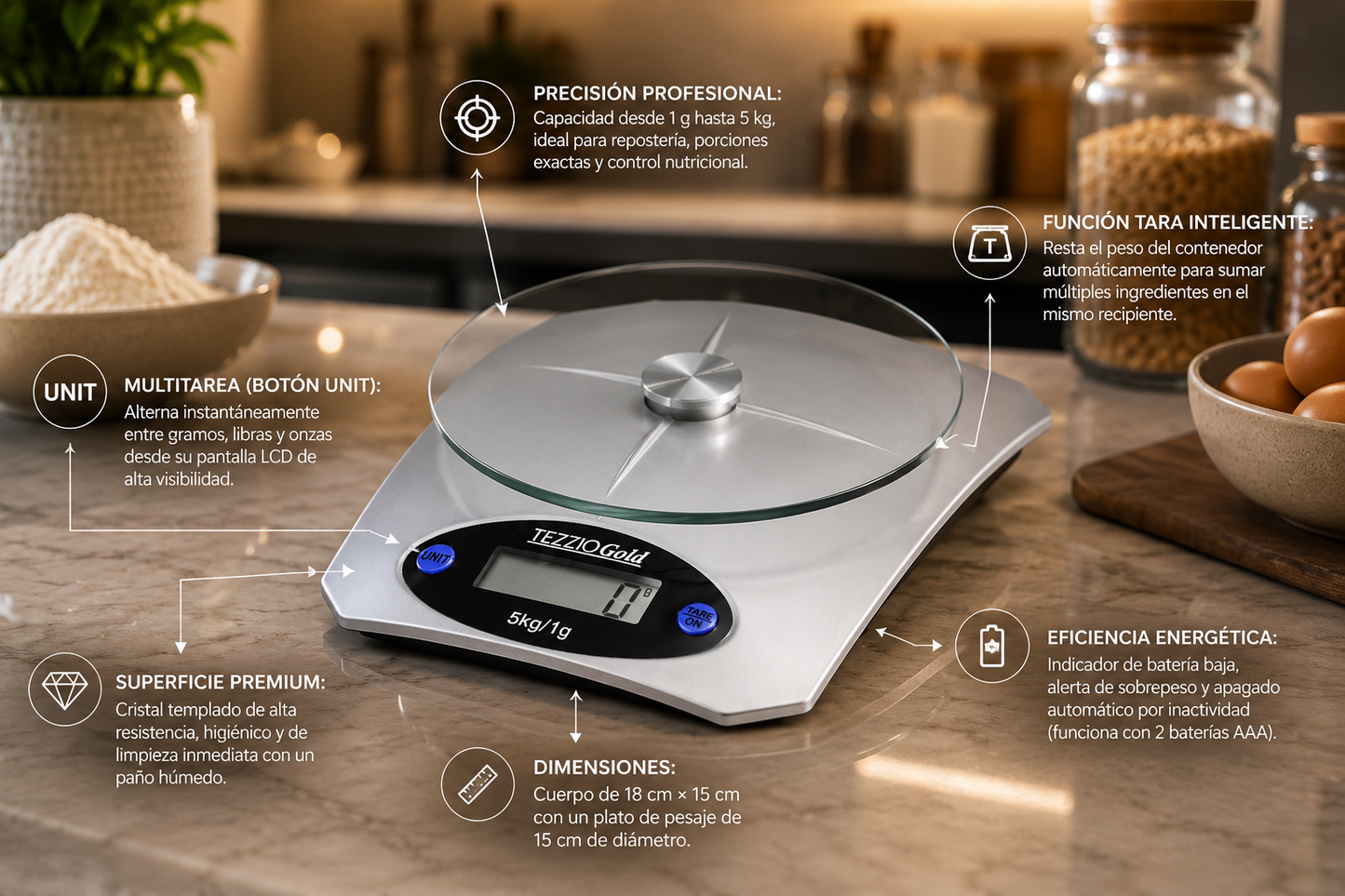 Gramera Digital de Precisión con Placa de Vidrio (5 kg)
