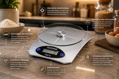 Gramera Digital de Precisión con Placa de Vidrio (5 kg)