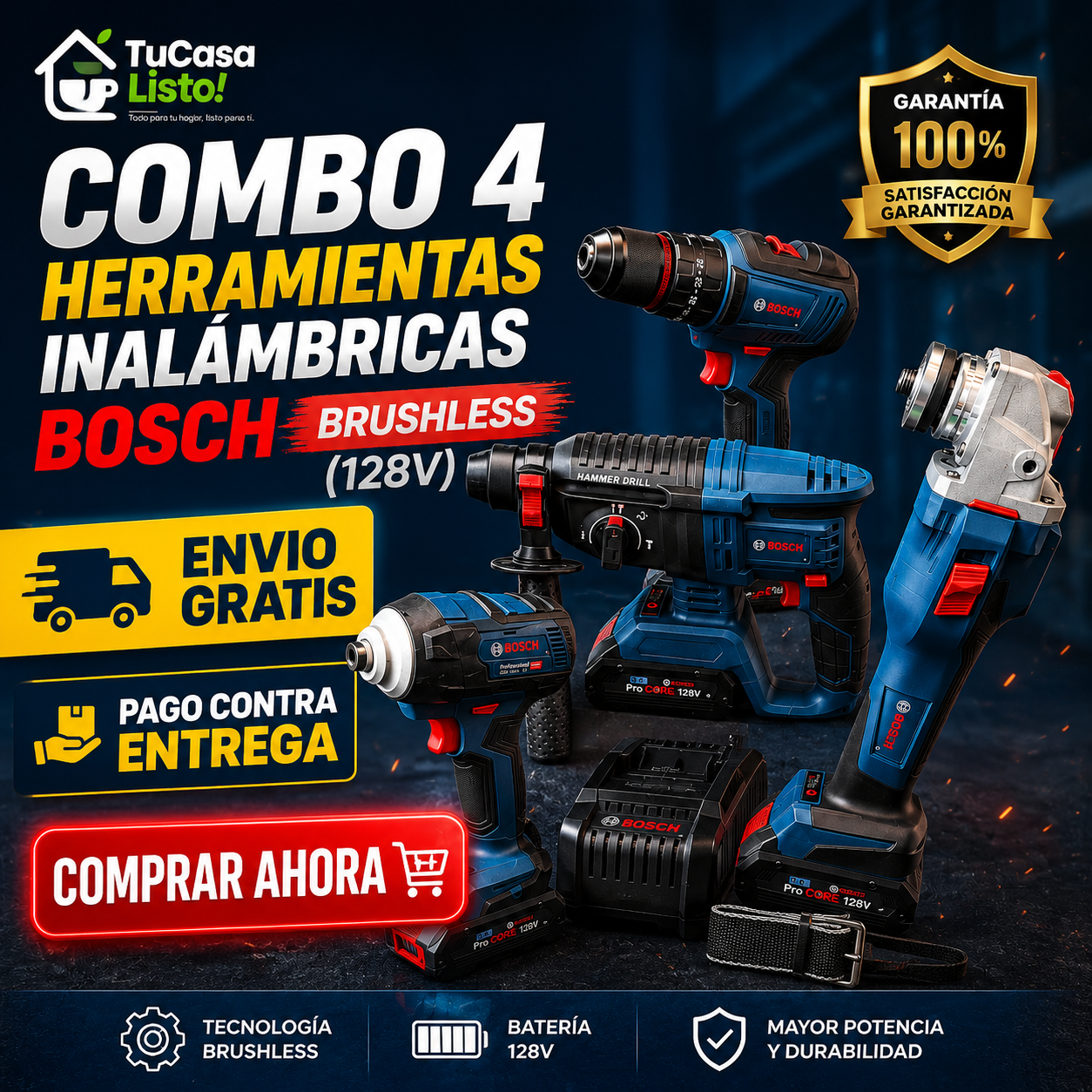 Combo 4 Herramientas Inalámbricas BOSCH Brushless (128V)